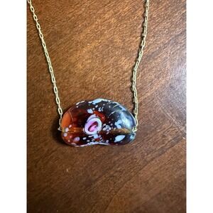 Vtg Murano Millefiori Glass Pendant Necklace Brown Blue White Gold Tone